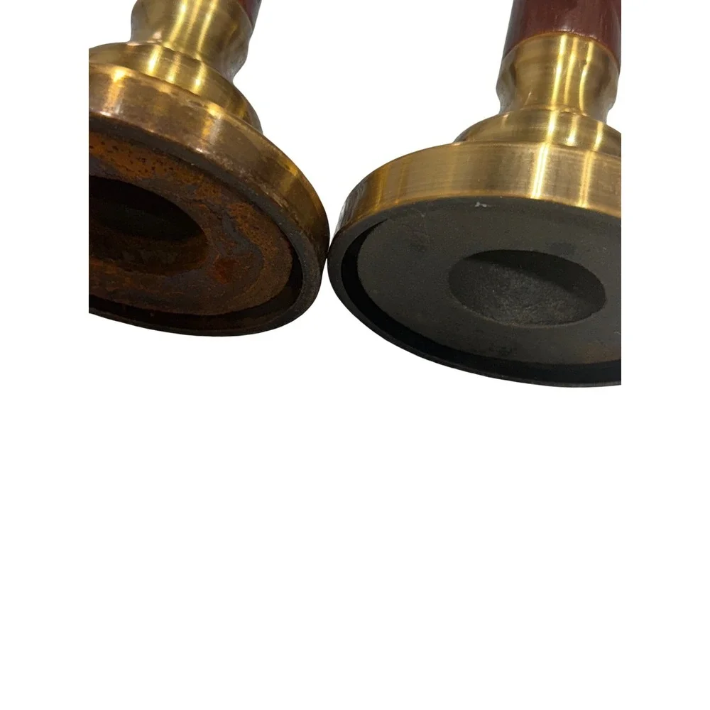 Vintage Brass and Barley Twist Wood Taper Candlestick Holders Pair 9 Inch